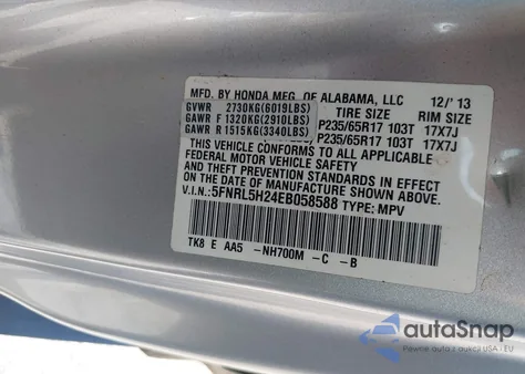 2014 Honda Odyssey Lx из США, поврежденный, VIN 5FNRL5H24EB058588